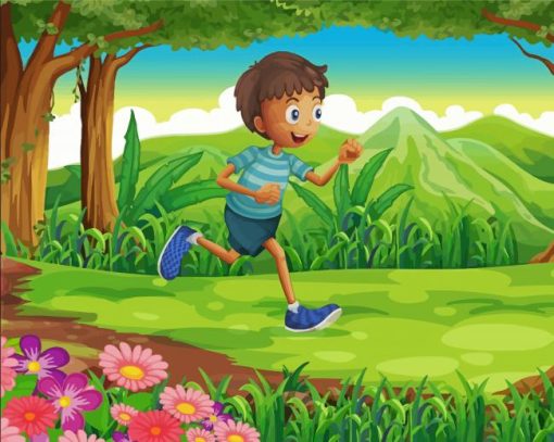 Boy Running In Forest Diamond Painting