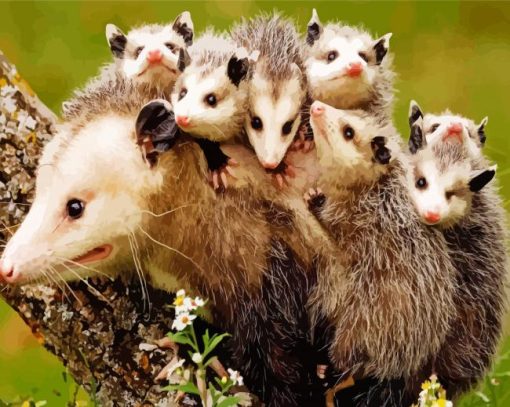 Opossum Animal And Her Kids Diamond Painting