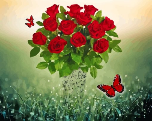 Red Roses And Red Butterflies Diamond Painting
