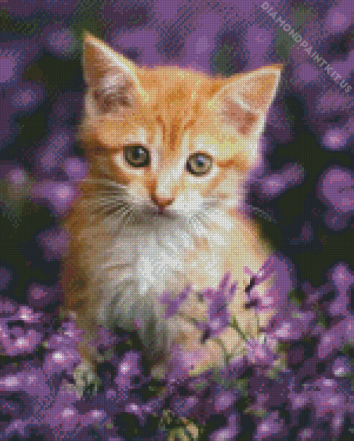 Cat With Purple Flowers Diamond Painting