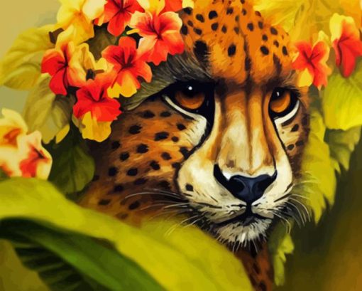 Cheetah Face With Flowers Diamond Painting