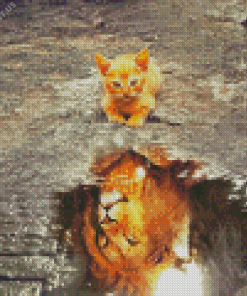 Cute Cat Reflection Lion Diamond Painting