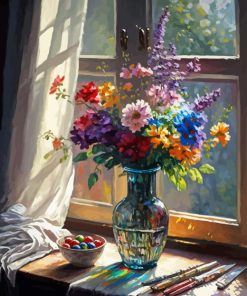 Flowers In Vase By Window Art Diamond Painting