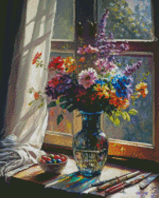Flowers In Vase By Window Art Diamond Painting