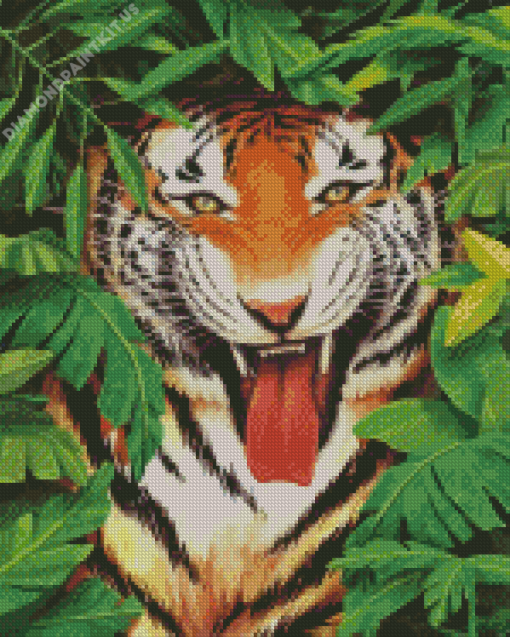 Funny Tiger Behind Large Leaves Diamond Painting