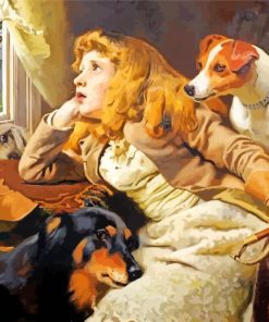Girl And Dog Looking Out Window Diamond Painting