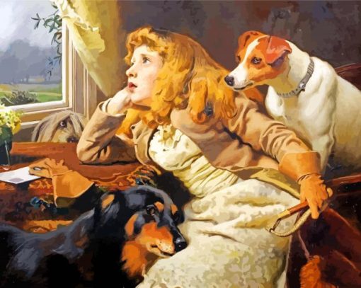 Girl And Dog Looking Out Window Diamond Painting