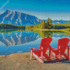 Lake with Red Chairs Landscape Diamond Painting