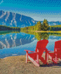 Lake with Red Chairs Landscape Diamond Painting