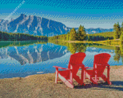 Lake with Red Chairs Landscape Diamond Painting