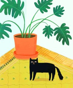 Cute Cat and Philodendron Diamond Painting