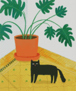 Cute Cat and Philodendron Diamond Painting