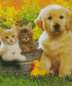 Kittens And Golden Puppy Diamond Painting