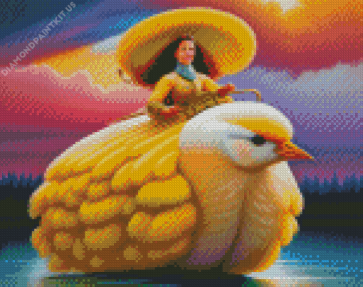 Woman In Yellow Riding Bird Diamond Painting