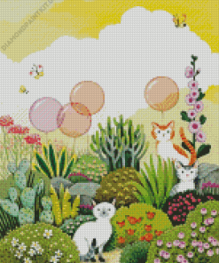 Illustration Cat In Garden Diamond Painting