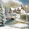 Snowy Country Cottage Scene Diamond Painting