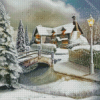 Snowy Country Cottage Scene Diamond Painting