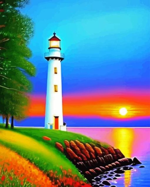 Sunset Beach Lighthouse Diamond Paintings