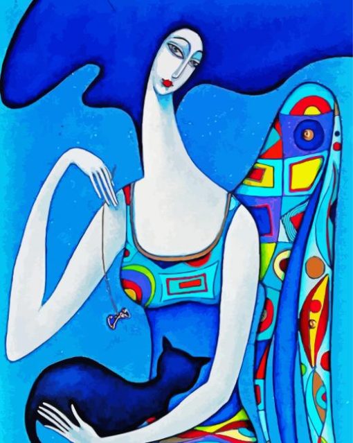 Blue Woman And Cat Diamond Painting