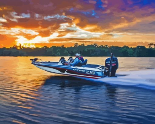 Bass Boat at Sunset Diamond Painting