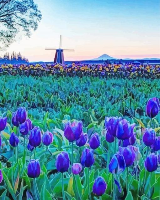 Blue Tulips Landscape Diamond Painting