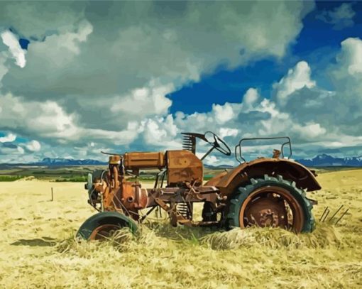 Rusty Tractor in Hay Field Diamond Painting