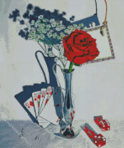 Single Rose In Vase And Cards Art Diamond Painting