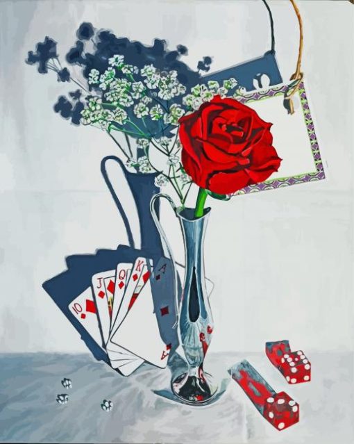 Single Rose In Vase And Cards Art Diamond Painting