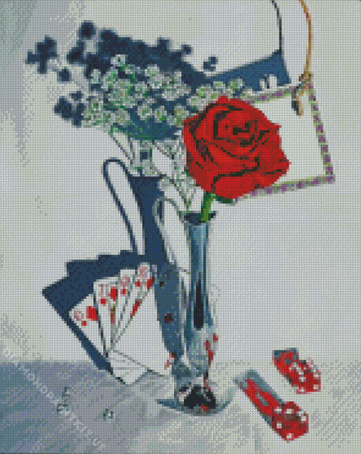 Single Rose In Vase And Cards Art Diamond Painting