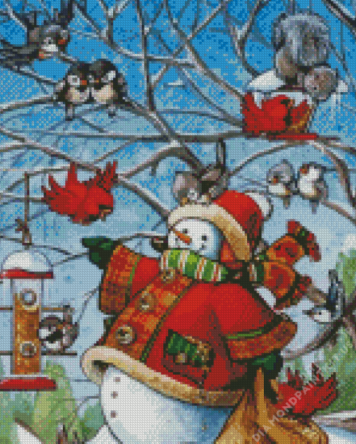 Snowman With Bird In Winter Diamond Painting