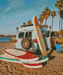 Van with Surfboards on Beach Diamond Painting