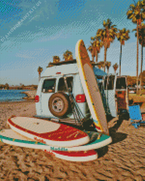 Van with Surfboards on Beach Diamond Painting