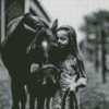 Black And White Little Girl With Horse Diamond Painting