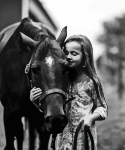 Black And White Little Girl With Horse Diamond Painting