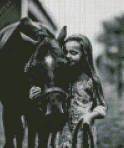 Black And White Little Girl With Horse Diamond Painting