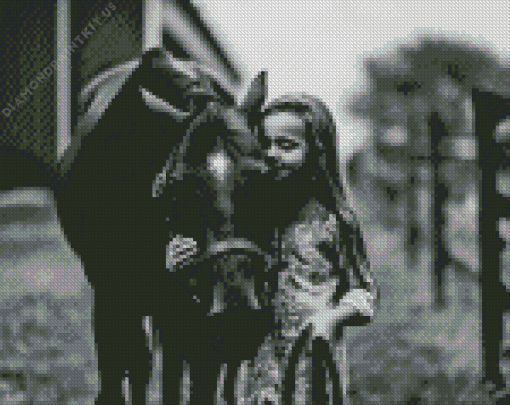 Black And White Little Girl With Horse Diamond Painting