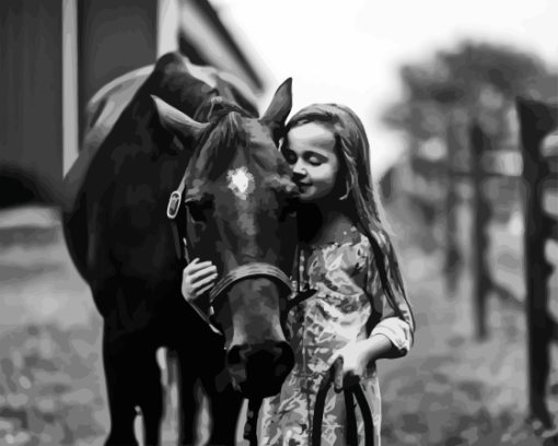 Black And White Little Girl With Horse Diamond Painting