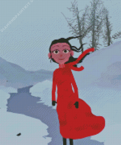 Cartoon Girl In Red Dress In Snow Diamond Painting