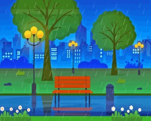 Rain In Park Illustration Diamond Painting