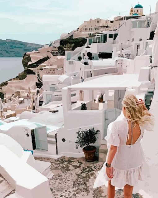 Blonde Girl In Santorini Diamond Painting