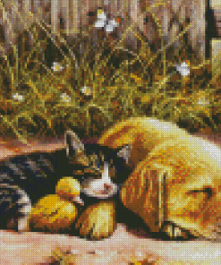 Puppy And Kitten Sleep Diamond Painting