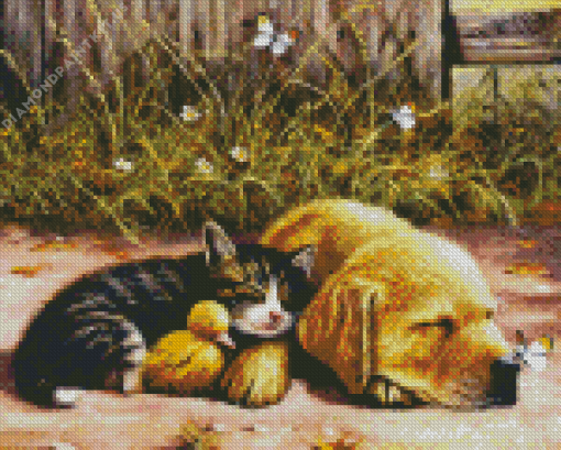 Puppy And Kitten Sleep Diamond Painting