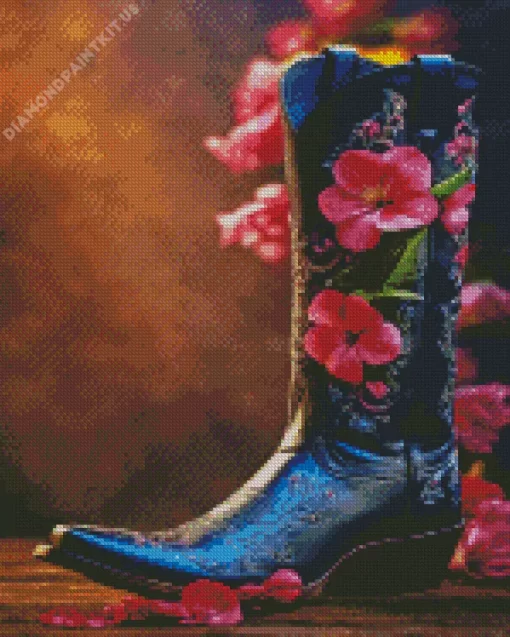 Pink Flowers Cowgirl Boot Diamond Painting