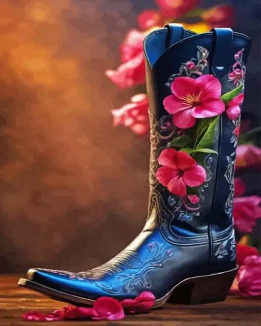 Pink Flowers Cowgirl Boot Diamond Painting