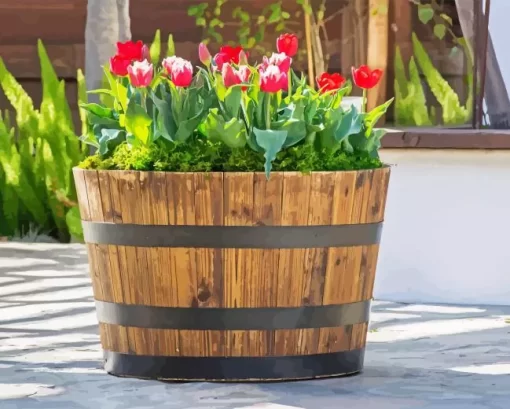 Red Tulips in Barrel Diamond Painting