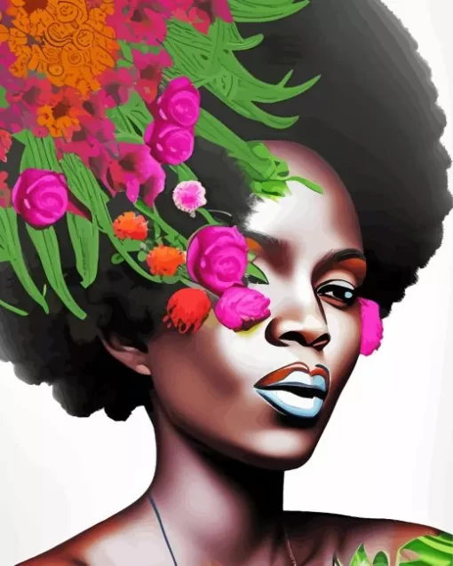 Afro Black Woman Flowers Diamond Painting