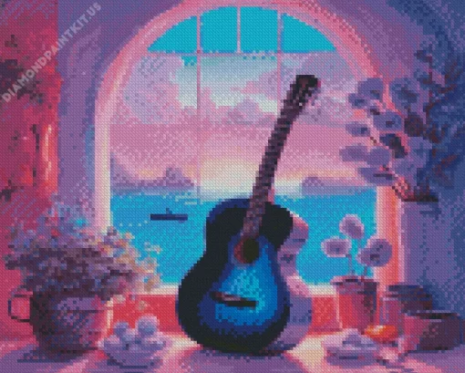 Blue Guitar By The Window Diamond Painting