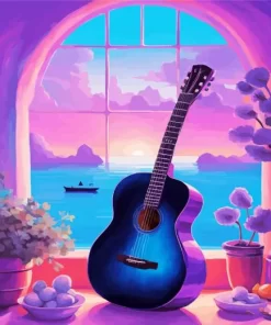 Blue Guitar By The Window Diamond Painting