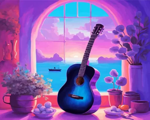 Blue Guitar By The Window Diamond Painting