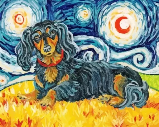 Starry Night Black Wiener Dog Diamond Painting